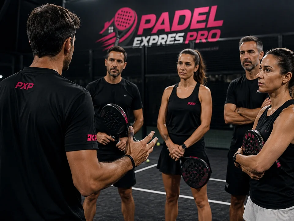 Entrenador de Padel Expres Pro explicando un ejercicio a un grupo de alumnos adultos