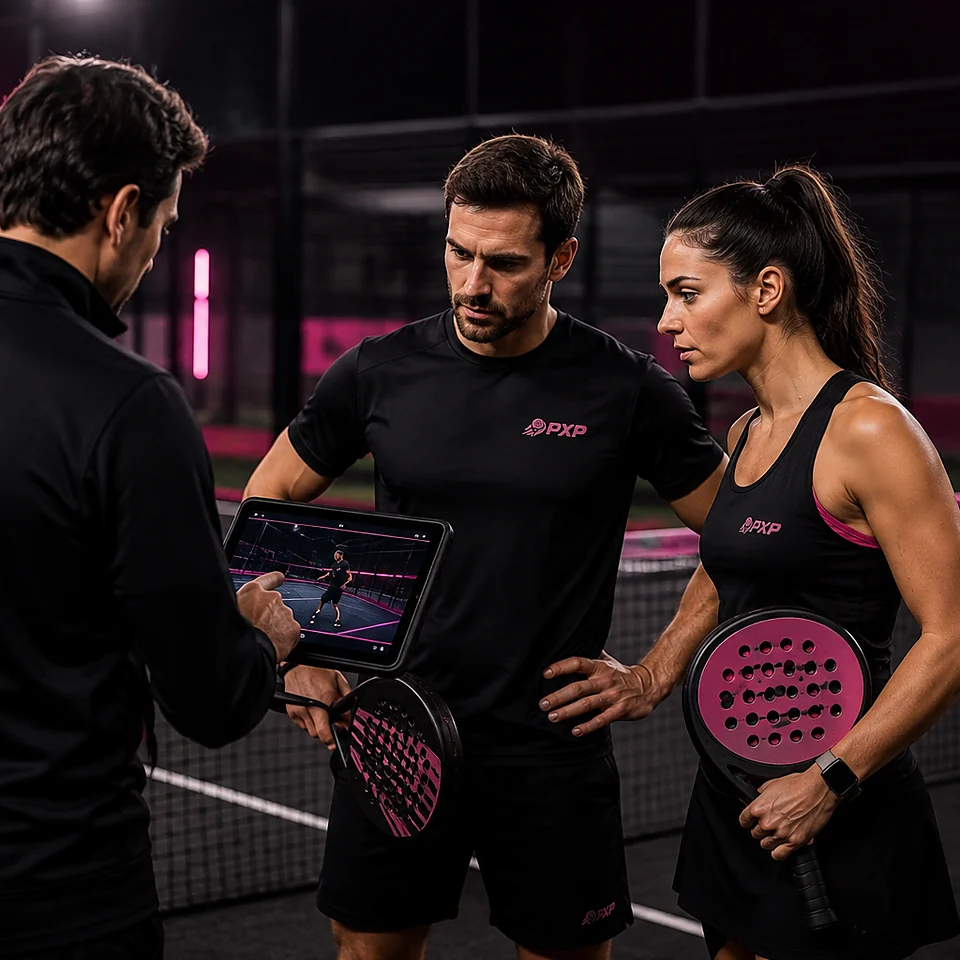 Entrenador de Padel Expres Pro mostrando un análisis de vídeo en una tablet a dos alumnos